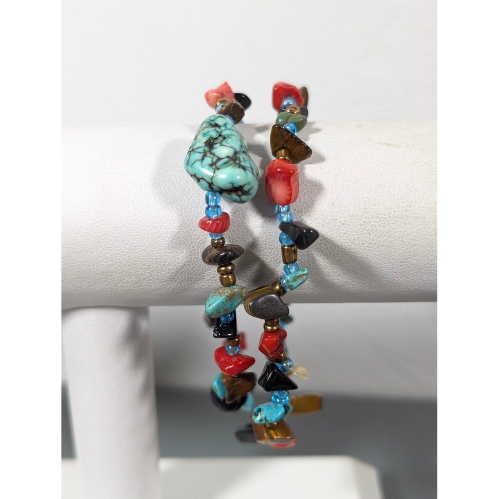 Set 2 Faux Turquoise Coral Tiger Eye Stone Stretch Bracelets Boho Southwestern‎